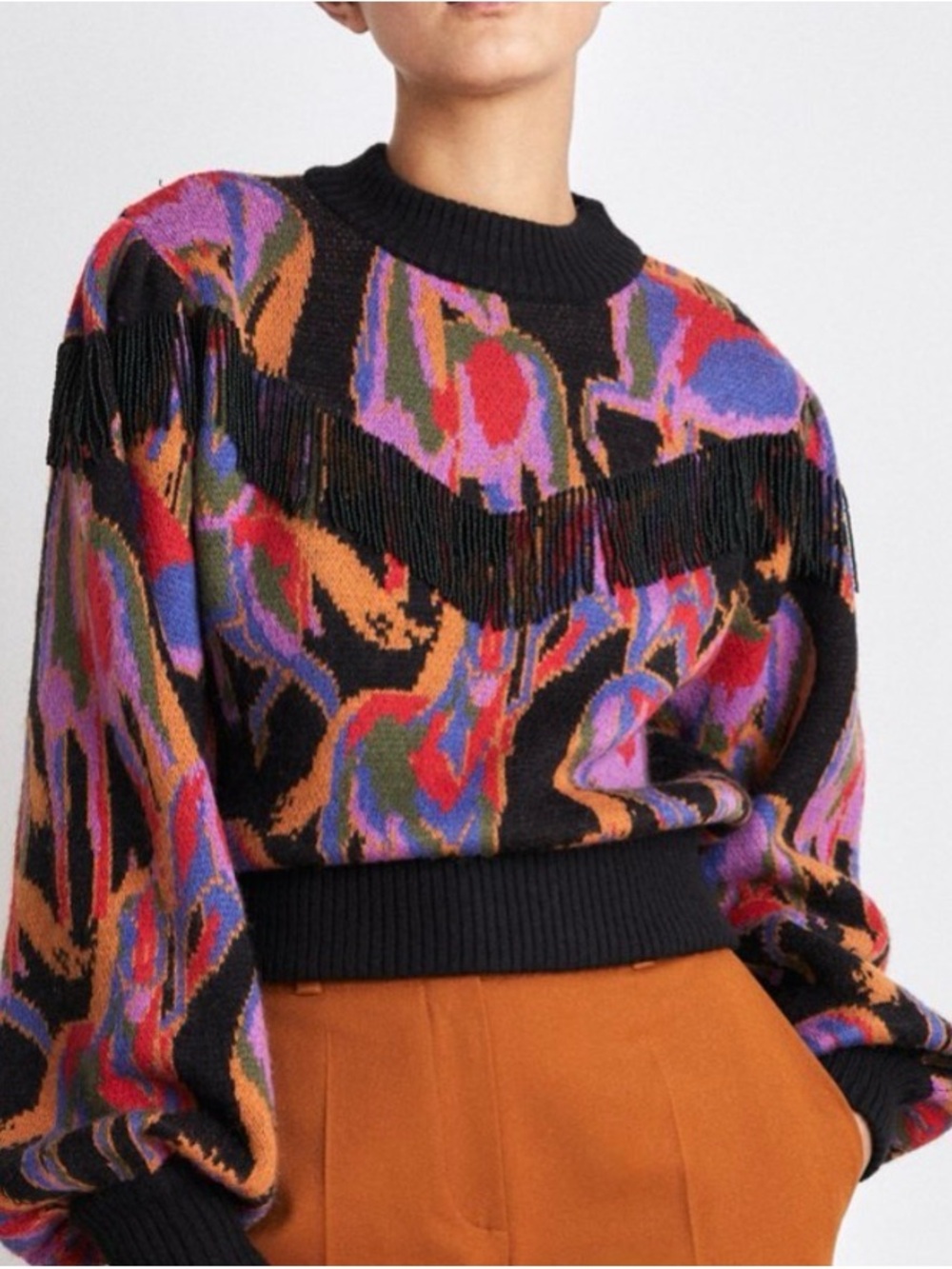 Farm Rio Wild Horse Black Fringe Wool Blend Sweater